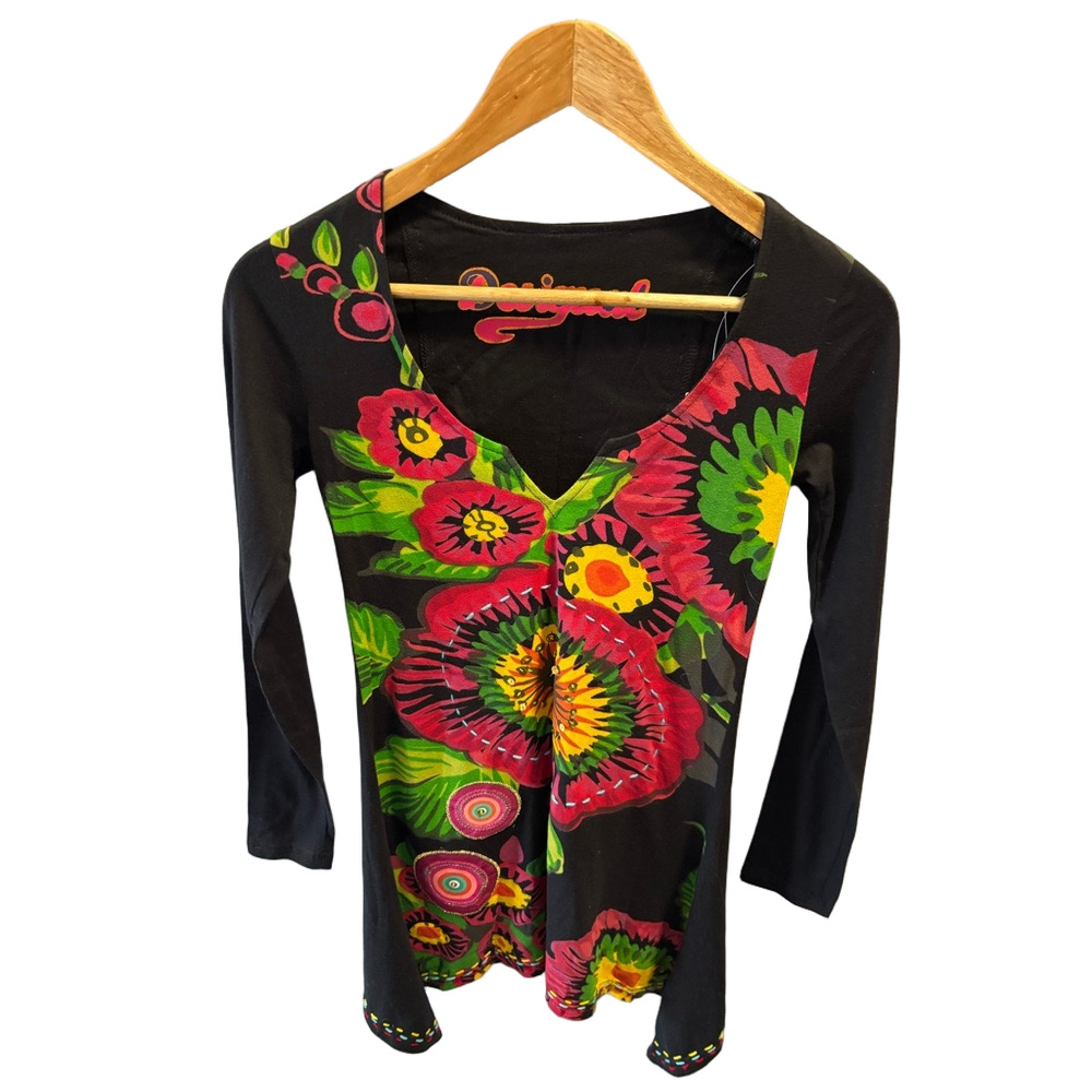 DESIGUAL Floral Print Sequin Embroidered Asymmetric Long Sleeve XS Tunic Top NEW